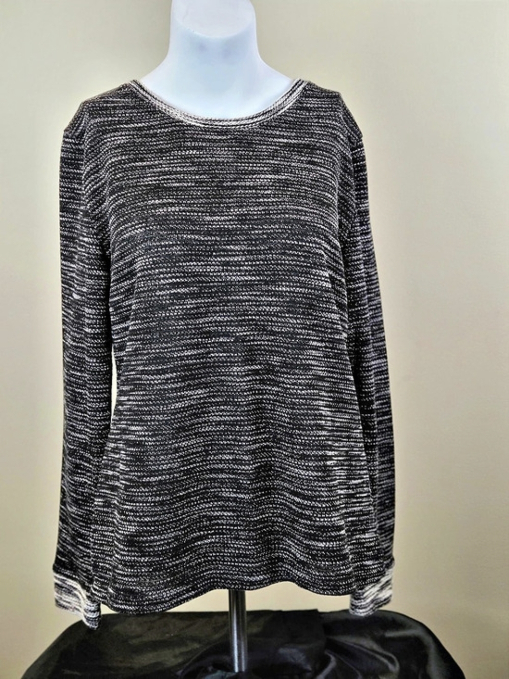 Marled Knit Sweater Black White Space Dye Pullover Contrast Trim Size Large